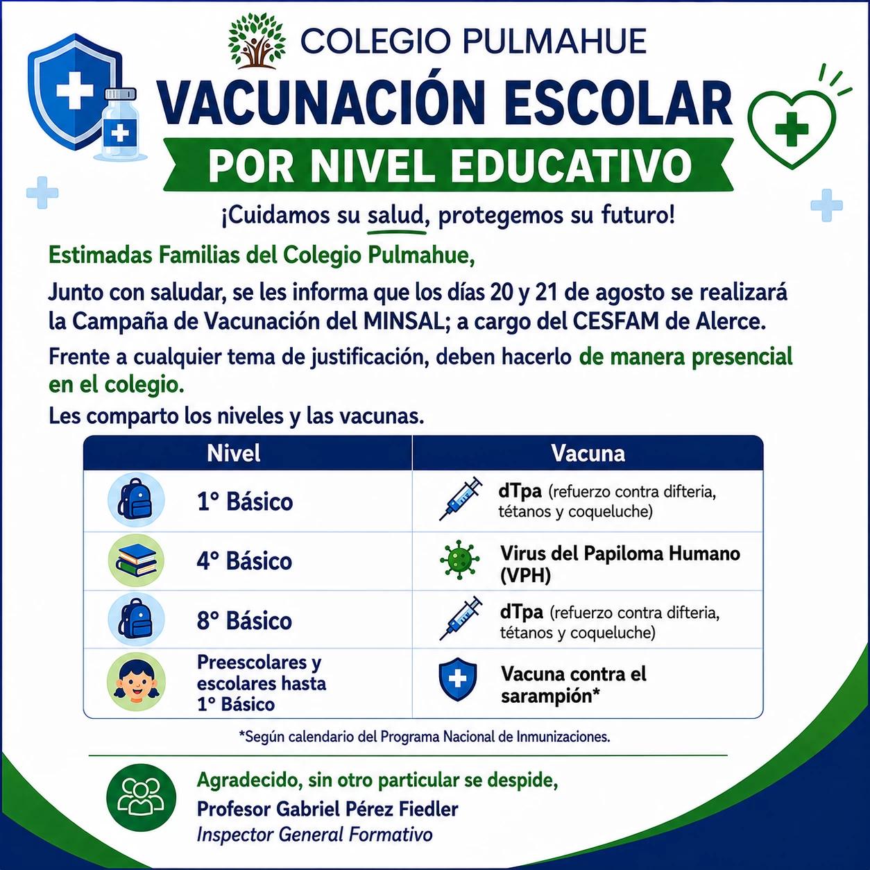 Imagen de la noticia: COLEGIO PULMAHUE VACUNACIÓN ESCOLAR POR NIVEL EDUCATIVO 2026