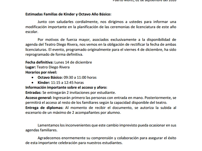 COMUNICADO Apoderados Kínder y Octavo Básico